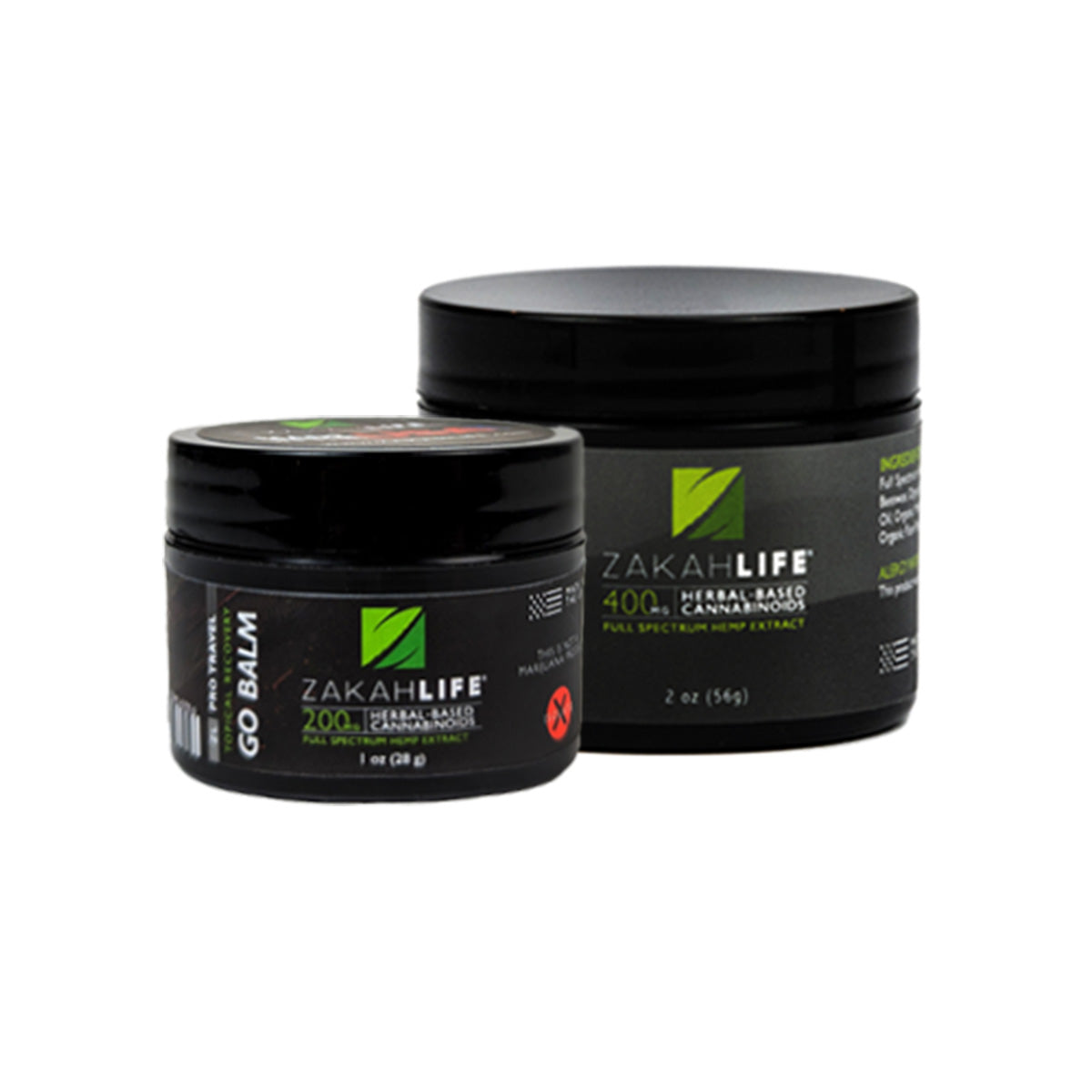 Zakah Life CBD topical balm bundle showing full size ZL Pro 400mg and travel size ZL Pro Go 200mg