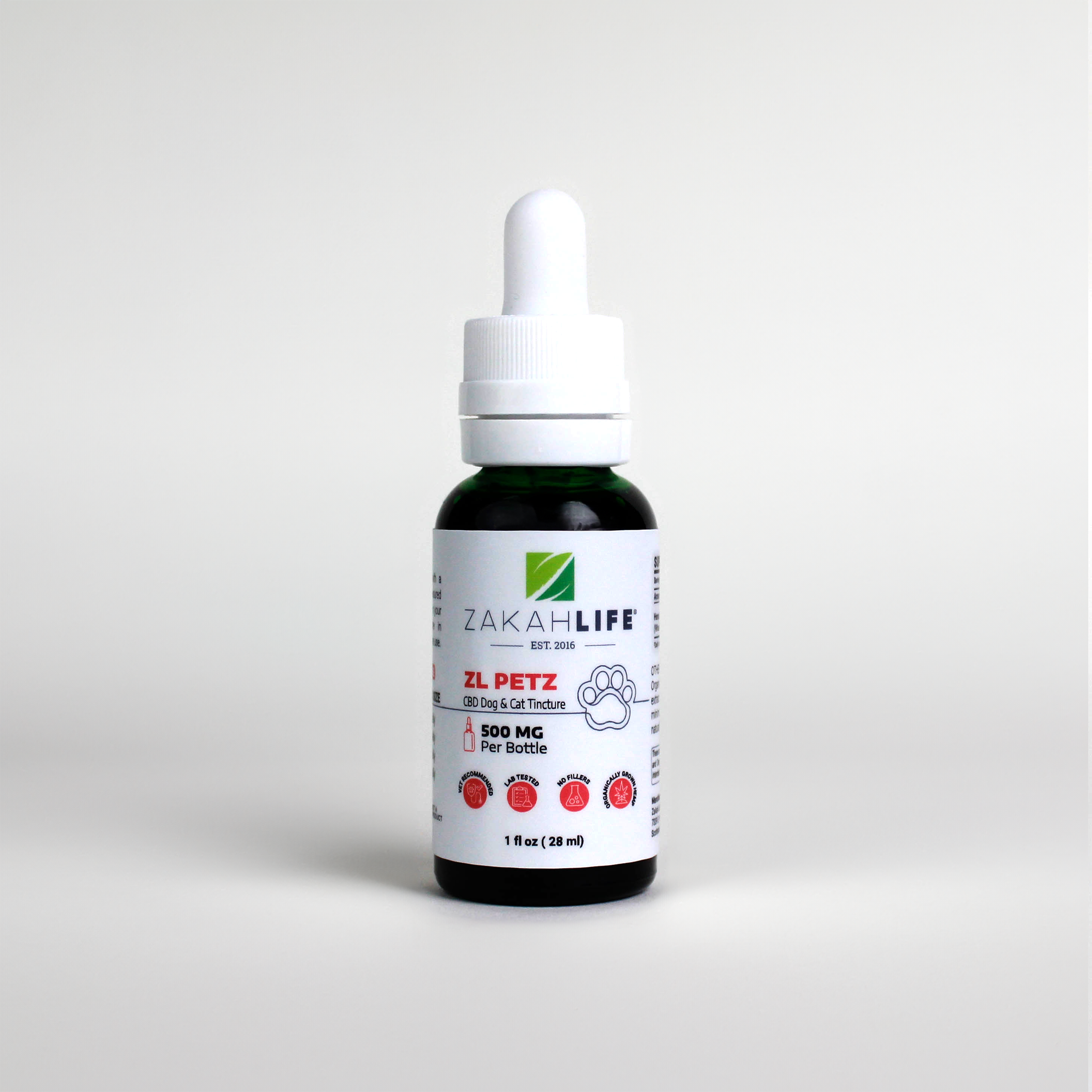 ZL Pets CBD tincture 500mg full spectrum organic formula for dogs and cats by Zakah Life