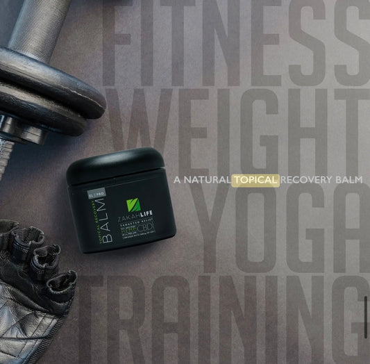 a CBD balm next to weights with key words; fitness, weight, yoga and training.